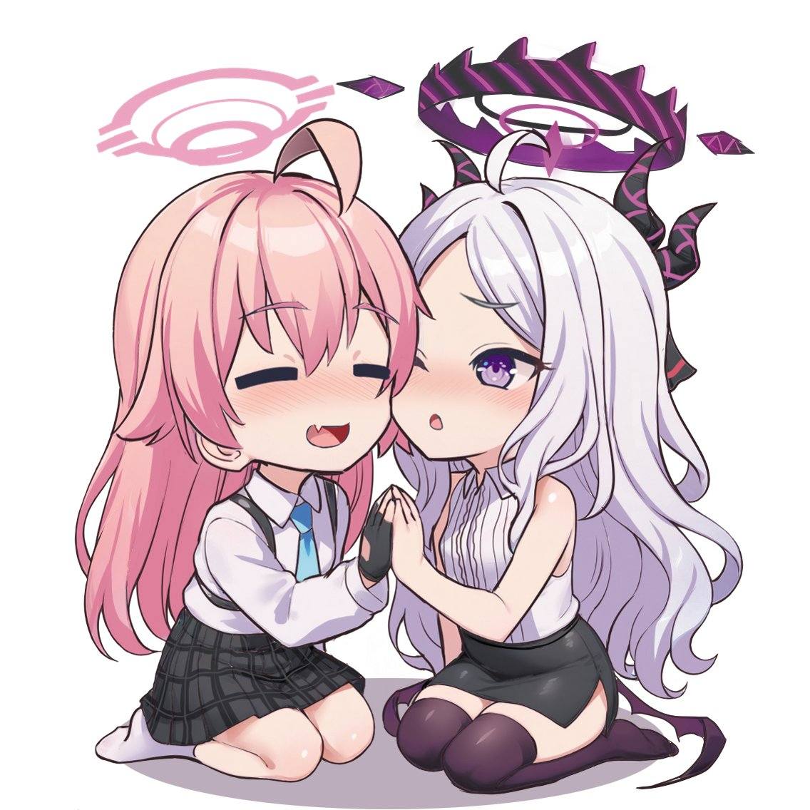 2girls, ahoge, bare_arms, black_skirt, blue_archive, blush, breasts, chibi, chibi_only, chinese_commentary, closed_eyes, commentary_request, fang, fingerless_gloves, gloves, halo, hina_(blue_archive), hoshino_(blue_archive), long_hair, long_sleeves, milkshakework, multiple_girls, necktie, no_shoes, one_eye_closed, open_mouth, pink_hair, pink_halo, purple_hair, shirt, simple_background, skin_fang, skirt, sleeveless, small_breasts, socks, thigh-highs, traditional_chinese_commentary, very_long_hair, violet_eyes, white_background, white_shirt, white_socks, wings