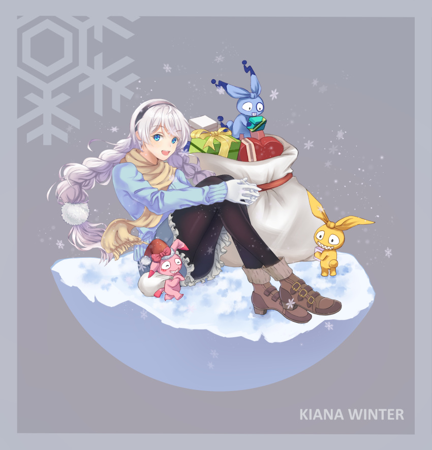 1girl, :d, absurdres, black_pantyhose, blue_eyes, boots, character_name, christmas
