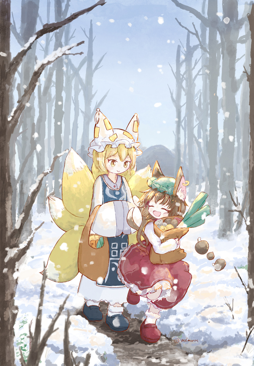 2girls, ^_^, animal_ear_fluff, animal_ear_piercing, animal_ears, animal_hat, bag, bare_tree