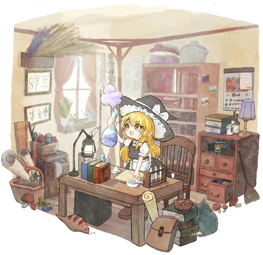 1girl, apron, birdcage, black_hat, blonde_hair, book, bookshelf, bottle, bow, braid, broom, cabinet, cage, chair, character_doll, commentary_request, deformed, desk_lamp, diorama, doll, erlenmeyer_flask, flask, hair_bow, hat, hat_bow, highres, holding, holding_bottle, holding_flask, indoors, kirisame_marisa, lamp, long_hair, mini-hakkero, molmaron, mushroom, open_mouth, plant, potted_plant, procreate_(medium), puffy_short_sleeves, puffy_sleeves, shelf, short_sleeves, single_braid, solo, table, test_tube, test_tube_rack, touhou, tsuchinoko, tsuchinoko_(touhou), white_apron, white_bow, window, witch_hat, wooden_floor, yellow_eyes