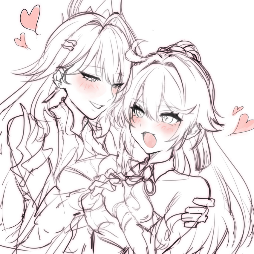 2girls, blush, commentary, heart, high_ponytail, highres, holding_hands, honkai_(series), honkai_impact_3rd, kiana_kaslana, kiana_kaslana_(ba-dum!_fiery_wishing_star), long_hair, multiple_girls, open_mouth, ponytail, raiden_mei, raiden_mei_(xentinel:_dawnbearing_crescent), si_mu_xx, yuri