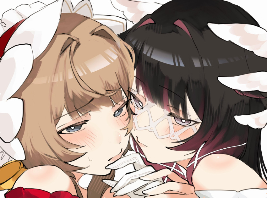 2girls, bare_shoulders, black_hair, blue_eyes, blush, bonnet, brown_hair, cheek-to-cheek