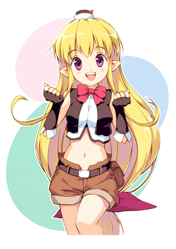 bow, fingerless_gloves, gloves, hat, kurage_(kurakurapix), lisa_(seiken_no_blacksmith), long_hair, midriff, navel, pointy_ears, purple_eyes, ribbon, seiken_no_blacksmith, shorts, very_long_hair, violet_eyes