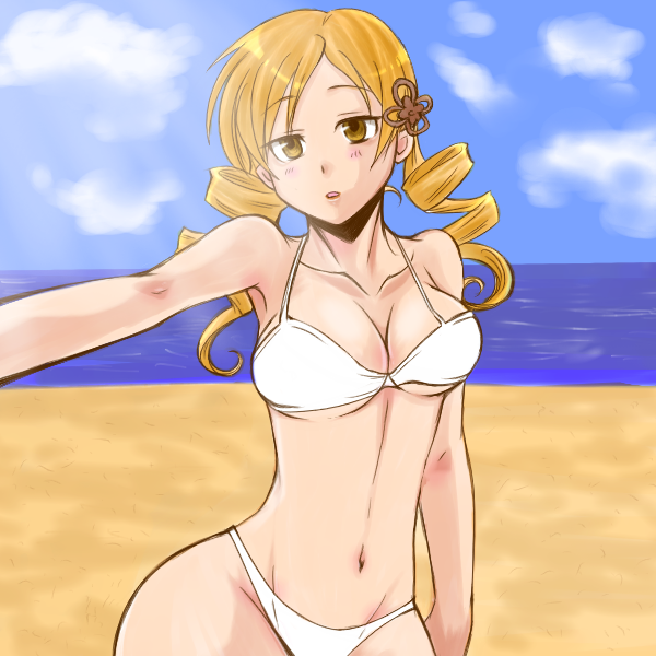 bad_id, beach, bikini, blonde_hair, breasts, cleavage, drill_hair, hair_ornament