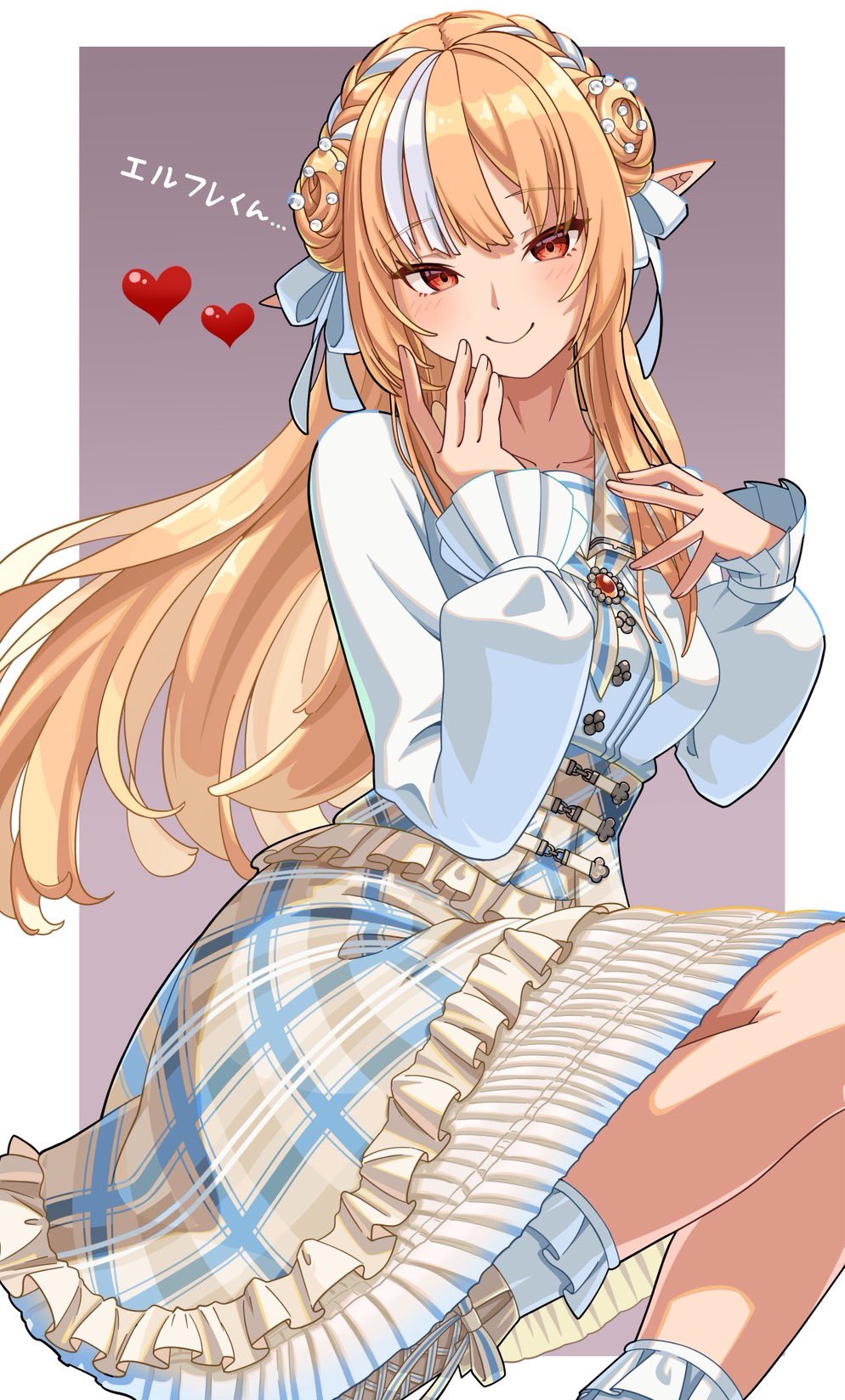 1girl, blonde_hair, braid, braided_bun, brown_corset, brown_skirt, closed_mouth, commentary_request