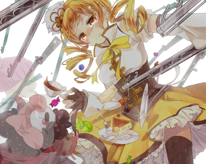 beret, blonde_hair, blush, brown_legwear, cake, charlotte_(madoka_magica), cheese, cup, detached_sleeves, drill_hair, fingerless_gloves, food, fork, frilled_skirt, gloves, gun, hair_ornament, hairpin, hat, magical_girl, magical_musket, mahou_shoujo_madoka_magica, misoko_(misonamezizou), plate, pleated_skirt, puffy_sleeves, ribbon, rifle, skirt, smile, tea, teacup, tears, thigh-highs, thighhighs, tomoe_mami, transparent, twin_drills, vertical-striped_legwear, vertical_stripes, weapon, yellow_eyes, zettai_ryouiki