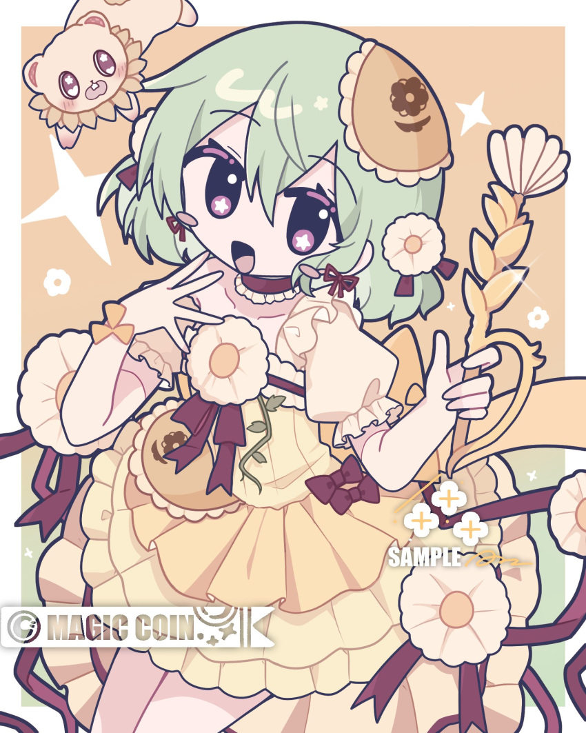 1girl, aqua_hair, artist_request, bow, bowtie, check_artist, dress, flower, flower_ornament, frilled_dress, frilled_skirt, frills, hair_flower, hair_ornament, highres, magical_daisy, magical_girl, mahou_shoujo_ikusei_keikaku, mahou_shoujo_ikusei_keikaku_restart, mascot, open_mouth, palette_(mahoiku), ribbon, short_hair, skirt, smile, star_(symbol), star_in_eye, symbol_in_eye