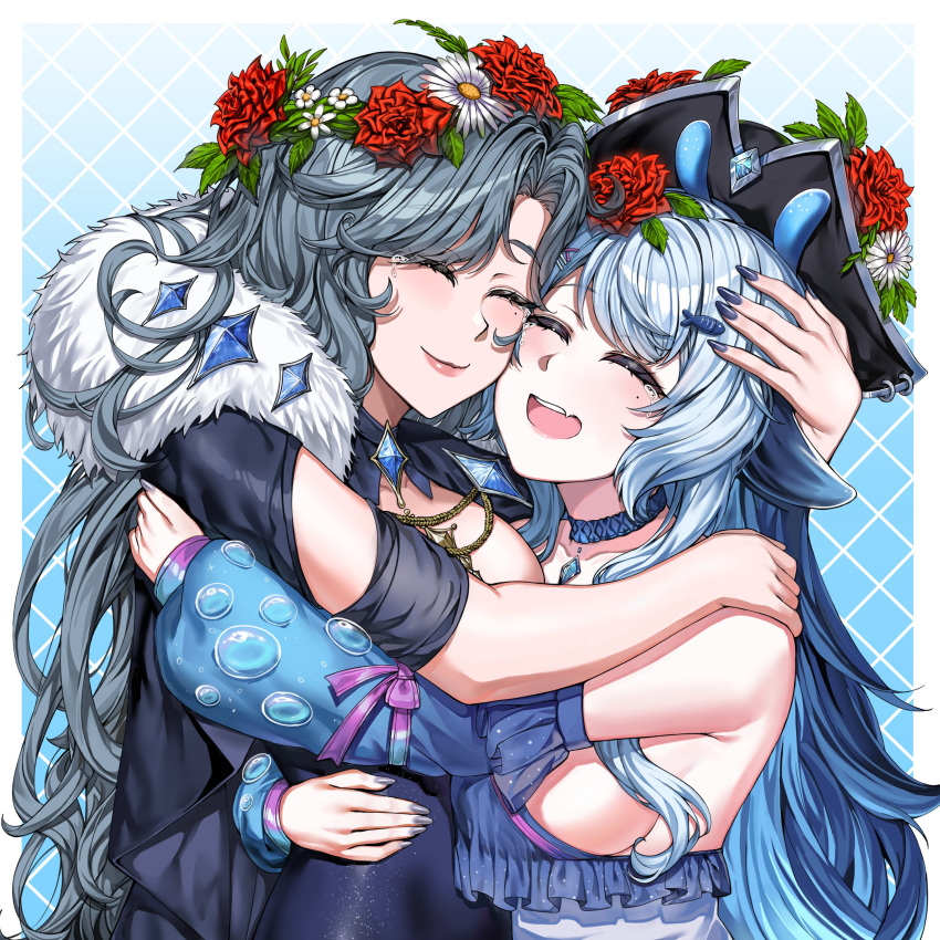 2girls, absurdres, angrycomputer_studio, bicorne, blue_background, blue_choker, blue_gem, blue_hair