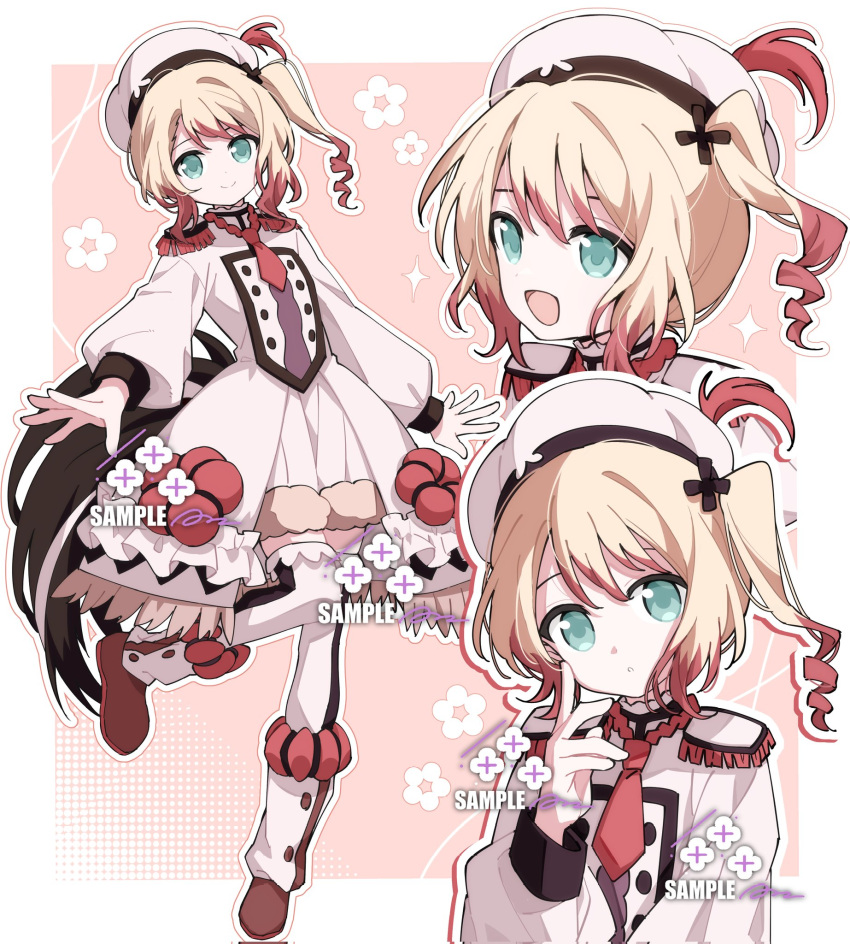 1girl, alephan, beret, blue_eyes, check_source, commentary, curly_hair, flower_ornament