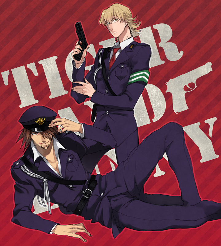 :q, armband, babuix, barnaby_brooks_jr, blonde_hair, brown_eyes, brown_hair, glasses, green_eyes, gun, kaburagi_t_kotetsu, kneeling, male, mochizuki_anko, multiple_boys, necktie, police, police_uniform, short_hair, tiger_&amp;_bunny, tongue, uniform, weapon