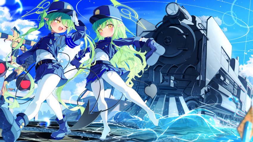 2girls, blue_archive, blue_boots, blue_hat, blue_jacket, blue_shorts, blue_skirt, blush