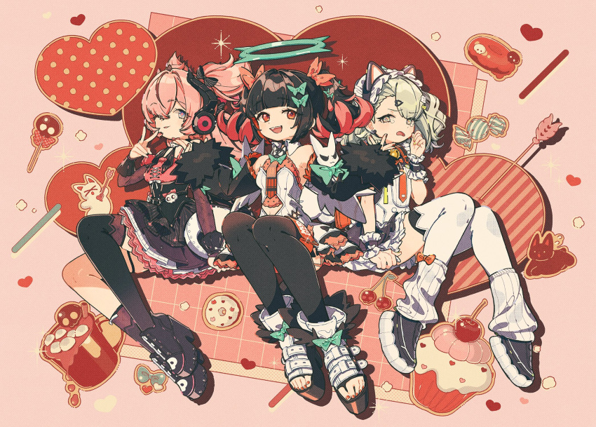 3girls, :d, ;p, angels_of_delusion, animal_ear_hairband, animal_ears, apron, aqua_bow