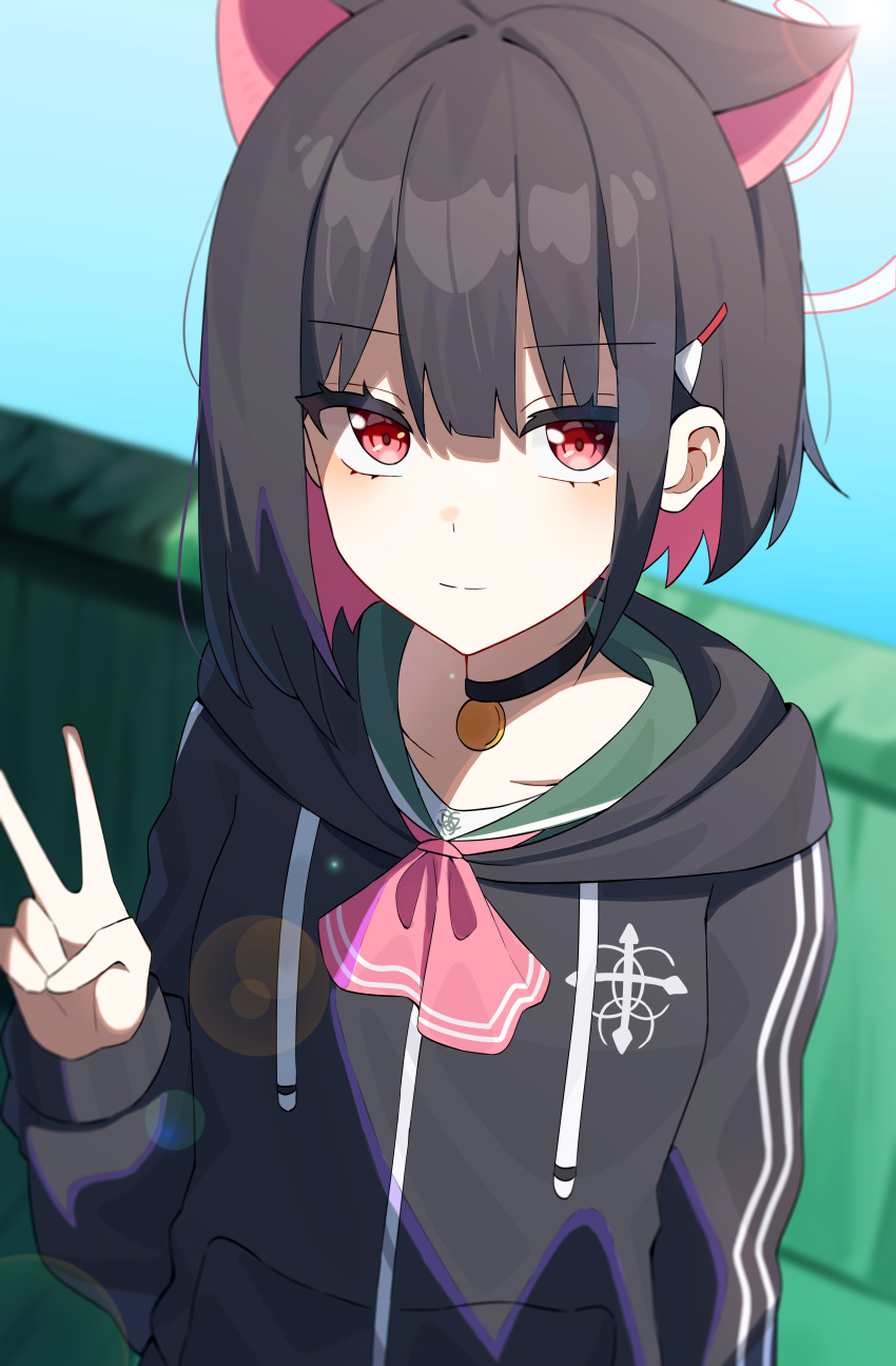 1girl, absurdres, animal_ears, ascot, black_choker, black_hair, black_hoodie, blue_archive