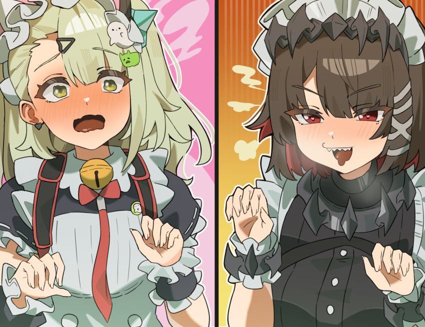 2girls, bell, black_dress, black_hair, blush, breasts, colored_inner_hair, commentary