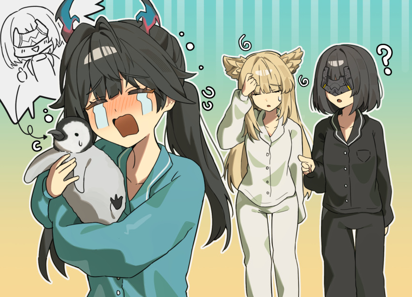 3girls, ?, adapted_costume, animal, animal_hug, aqua_pajamas, aqua_shirt, arknights