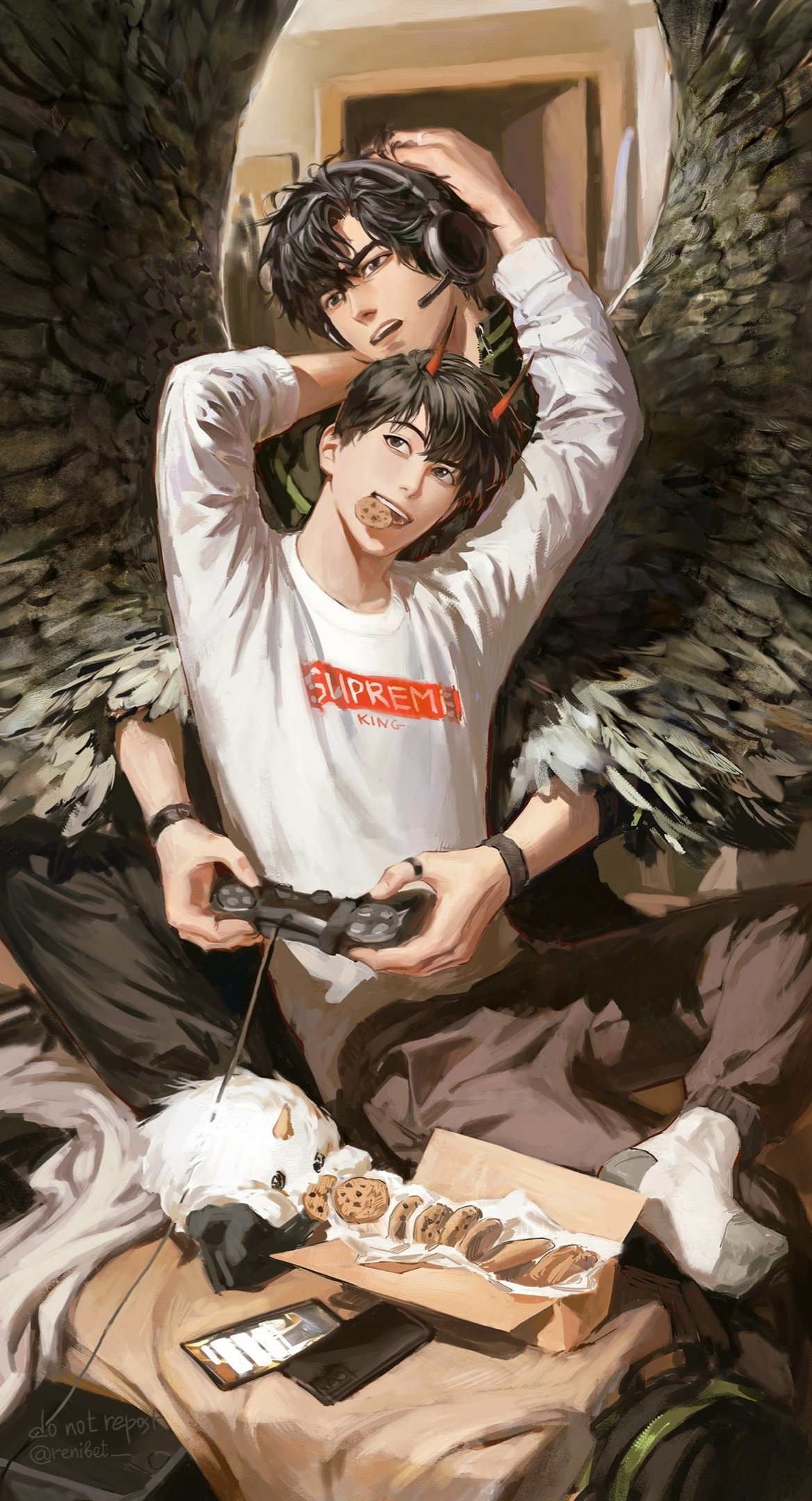 2boys, black_hair, black_wings, casual, character_request, controller, cookie, creature
