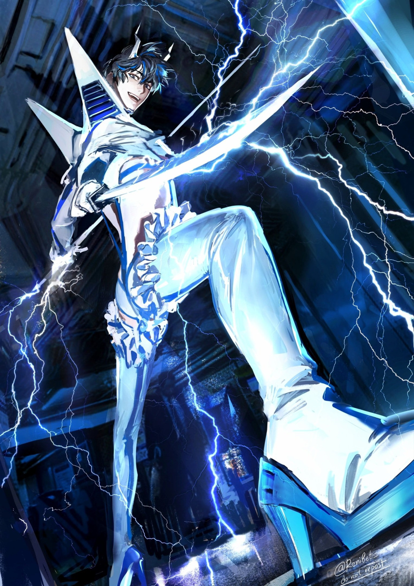 1boy, blue_streaks, commentary, cosplay, electricity, english_commentary, frilled_thighhighs, frills