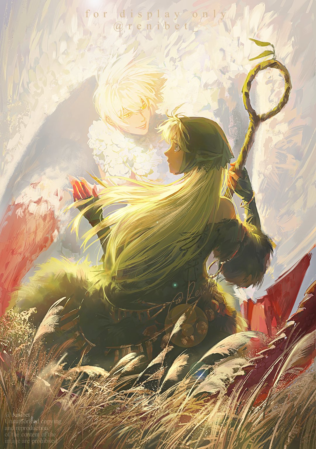2girls, blonde_hair, chimera, dungeon_meshi, falin_touden, feathers, grass, hashtag-only_commentary