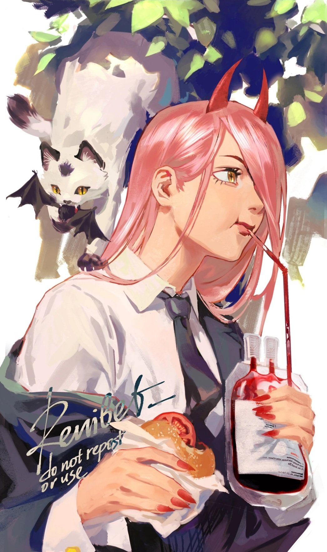 1girl, animal_in_mouth, artist_name, black_necktie, blood, blood_bag, burger, cat