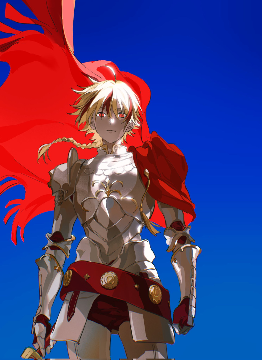 1boy, armor, blue_background, braid, breastplate, cape, closed_mouth, cowboy_shot