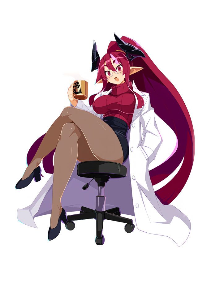 1girl, black_shoes, black_skirt, breasts, coat, cup, demon_girl, demon_horns, disgaea, disgaea_rpg, full_body, hand_in_pocket, harada_takehito, higan_zesshousai, high_heels, high_ponytail, holding, holding_cup, horns, lab_coat, large_breasts, legs, long_hair, long_sleeves, looking_at_viewer, makai_senki_disgaea_7, miniskirt, mug, multicolored_hair, non-web_source, on_stool, open_clothes, open_coat, open_mouth, pantyhose, pencil_skirt, photoshop_(medium), pink_hair, pointy_ears, ponytail, rectangular_eyewear, red_eyes, red_hair, red_sweater, shoes, short_eyebrows, simple_background, sitting, skirt, solo, stool, sweater, turtleneck, two-tone_hair, very_long_hair, white_background