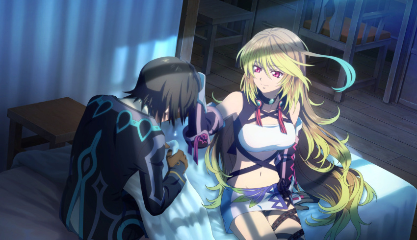 1boy, 1girl, ahoge, artist_request, bed_sheet, black_choker, black_gloves, black_hair
