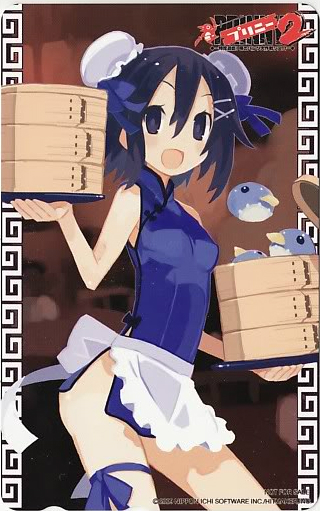 asagi_(nippon_ichi), asagiri_asagi, bamboo_steamer, black_eyes, black_hair, bun_cover, food, hair_ornament