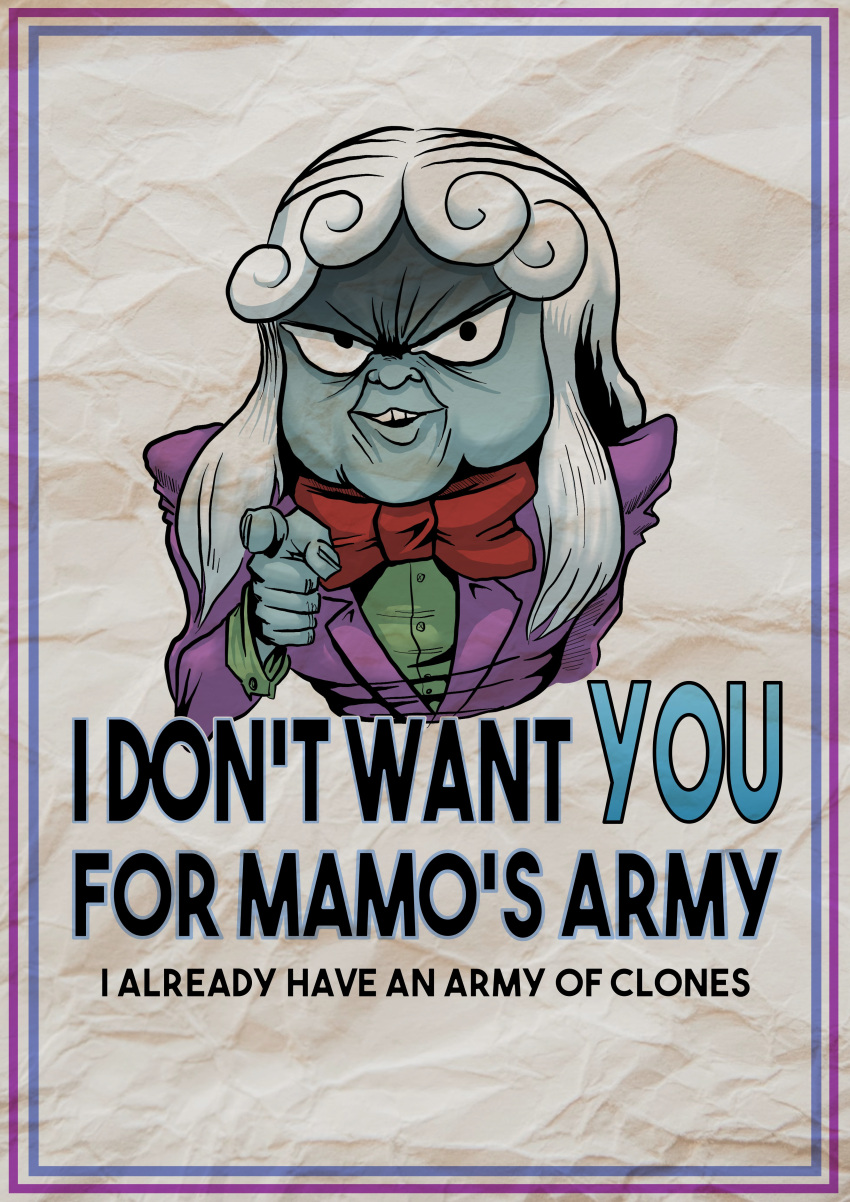 1boy, absurdres, black_eyes, blue_skin, bow, bowtie, character_name, colored_skin, commentary, curly_hair, english_commentary, english_text, formal_clothes, green_shirt, highres, i_want_you, jacket, long_hair, long_sleeves, looking_at_viewer, lucabgt, lupin_iii, lupin_vs_the_clone, male_focus, mamo_(lupin_iii), open_mouth, propaganda, purple_jacket, red_bow, red_bowtie, shirt, smile, solo, suit, teeth, white_hair