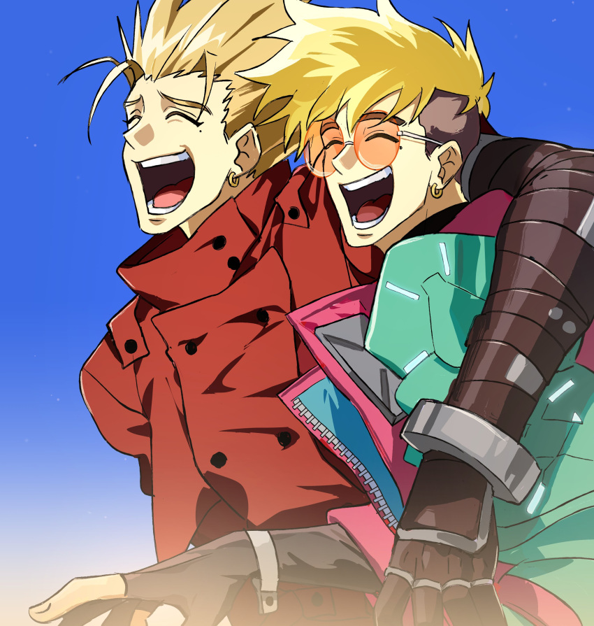 2boys, absurdres, blonde_hair, coat, commentary, earrings, eridin3038, highres, jewelry, laughing, mole, mole_under_eye, multiple_boys, orange-tinted_eyewear, prosthesis, prosthetic_arm, red_coat, round_eyewear, single_earring, spiky_hair, tinted_eyewear, trigun, trigun_stampede, undercut, vash_the_stampede