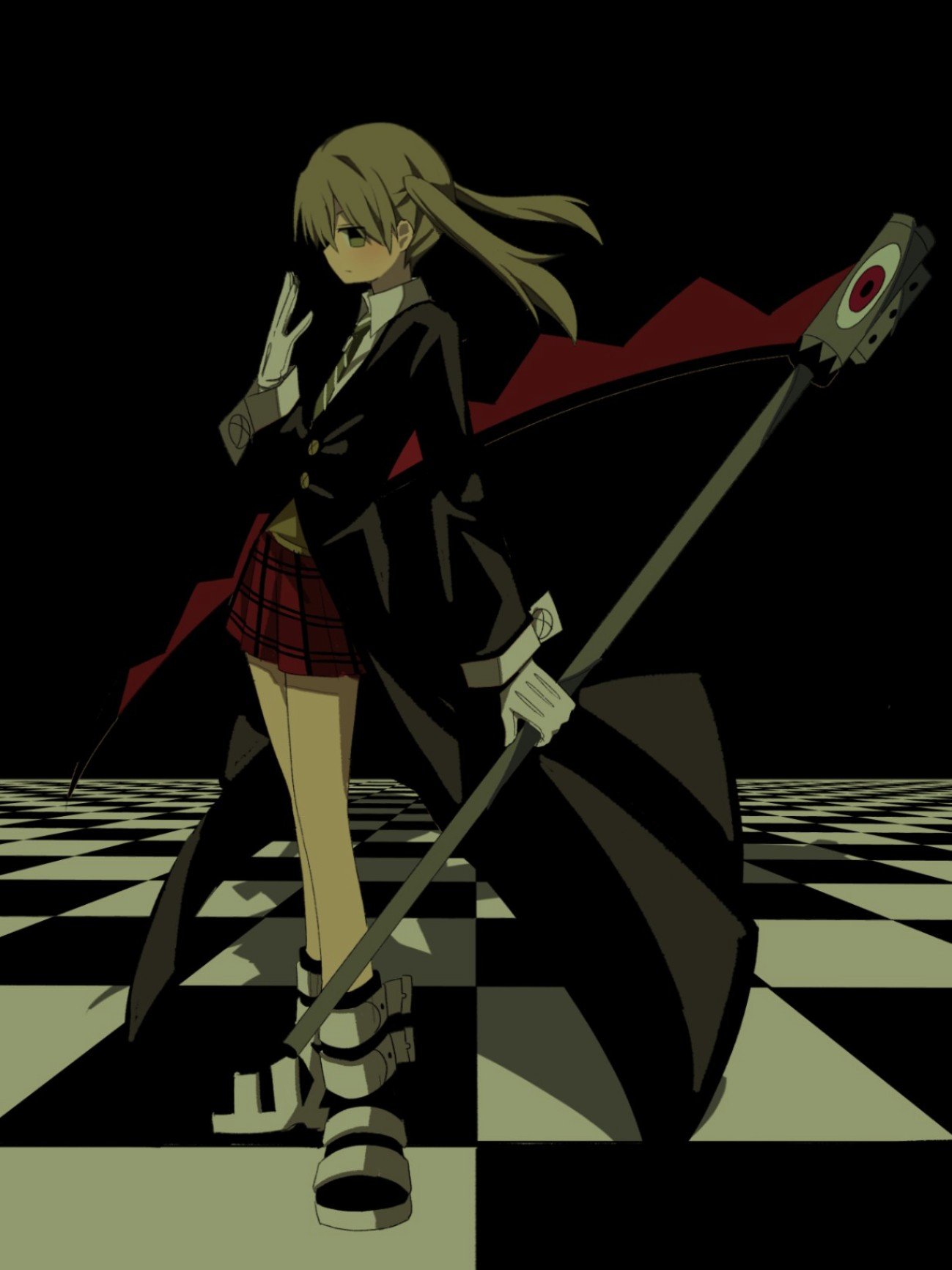1girl, black_coat, blonde_hair, checkered_clothes, coat, commentary_request, debakshotgun0, gloves, green_eyes, green_necktie, highres, korean_commentary, maka_albarn, medium_hair, necktie, plaid_clothes, plaid_skirt, red_skirt, scythe, skirt, solo, soul_eater, striped_clothes, striped_necktie, twintails, white_gloves