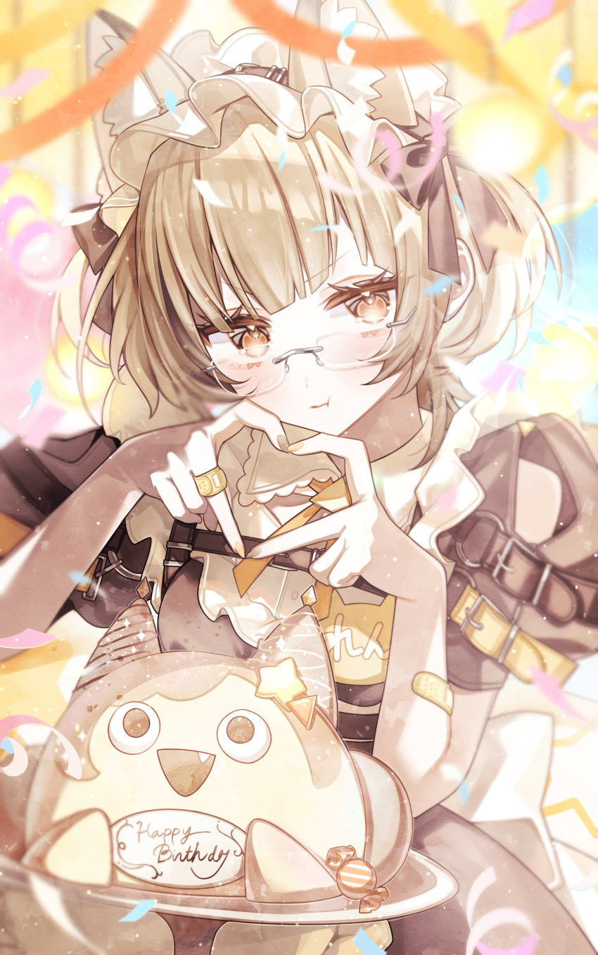 1girl, absurdres, animal_ear_fluff, animal_ears, back_bow, bandaid, bandaid_on_arm, bow, bowtie, brown_bow, brown_bowtie, brown_dress, brown_hair, brown_nails, cake, candy, clothing_cutout, commentary_request, confetti, dress, food, glasses, hair_bow, happy_birthday, heart, heart_hands, highres, maid_headdress, multiple_hair_bows, nail_polish, name_tag, plate, pout, project_nebula, puffy_short_sleeves, puffy_sleeves, red_eyes, second-party_source, short_sleeves, shoulder_cutout, solo, streamers, suzuri_ren, virtual_youtuber, white_bow, yuuki_hajime