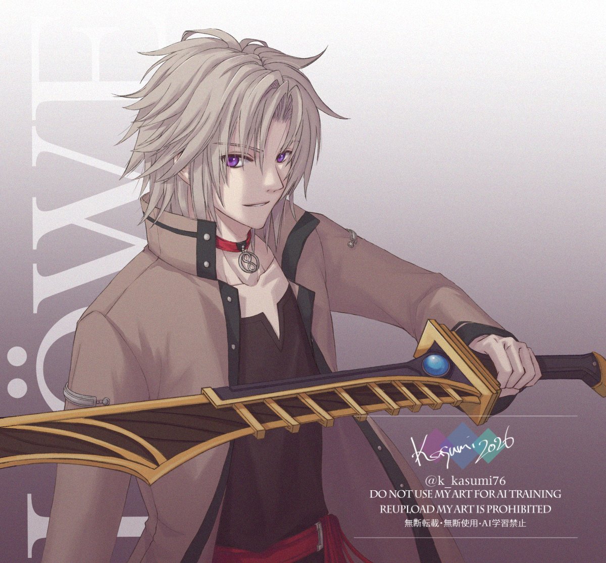 1boy, artist_name, character_name, choker, coat, collarbone, commentary_request, curtained_hair