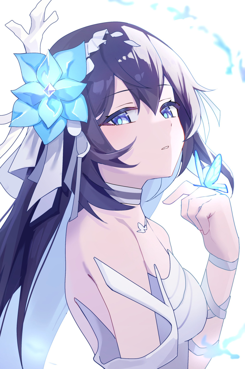 1girl, absurdres, black_hair, blue_eyes, blue_flower, blue_hair, bug, butterfly