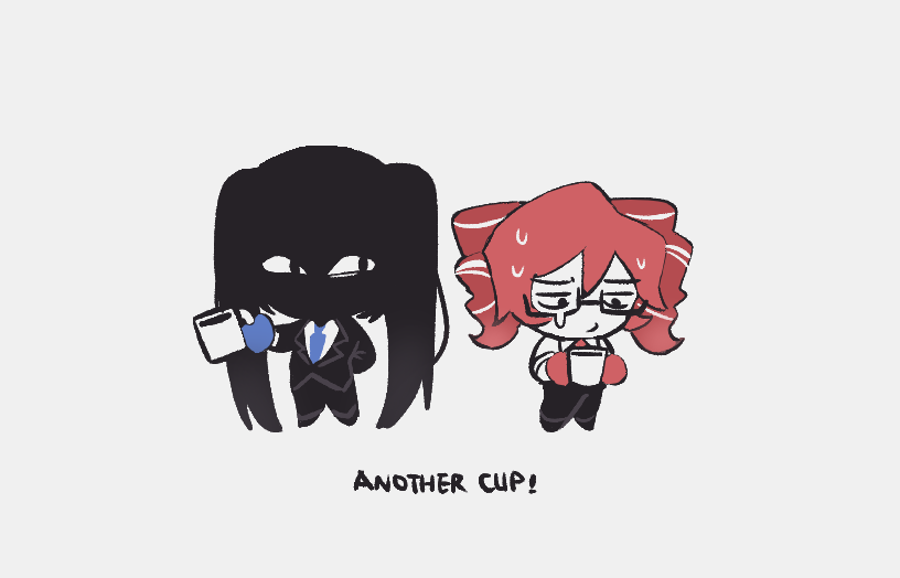 another_cup_(synthesizer_v), black_eyes, black_jacket, black_pants, blue_necktie, closed_mouth, cup, drill_hair