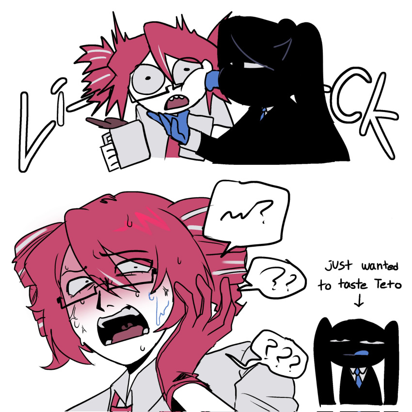 2girls, another_cup_(synthesizer_v), blue_necktie, blue_tongue, coffee_mug, colored_tongue, commentary_request, cup