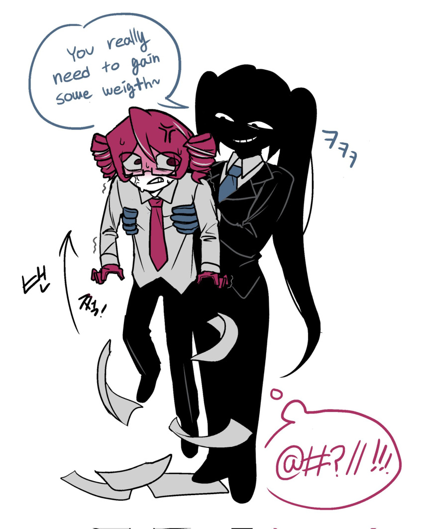 2girls, another_cup_(synthesizer_v), black_hair, black_pants, blue_gloves, blue_necktie, clenched_teeth, commentary