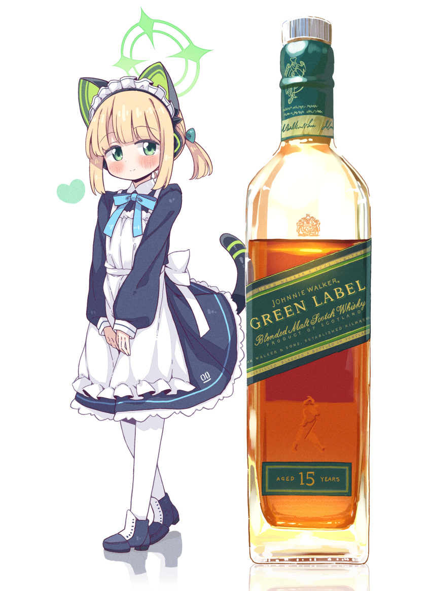 1girl, alcohol, animal_ear_headphones, animal_ears, apron, aqua_bow, black_dress, black_shoes, blonde_hair, blue_archive, blunt_bangs, blush, bottle, bow, cat_ear_headphones, cat_ears, cat_tail, closed_mouth, commentary_request, dress, fake_animal_ears, fake_tail, frilled_apron, frilled_dress, frills, full_body, green_eyes, green_halo, hair_bow, halo, headphones, heart, highres, johnnie_walker, long_sleeves, looking_at_viewer, maid, maid_headdress, medium_hair, midori_(blue_archive), midori_(maid)_(blue_archive), official_alternate_costume, pantyhose, ponytail, puffy_long_sleeves, puffy_sleeves, shoes, sidelocks, simple_background, smile, solo, standing, tail, tail_raised, takahero, v_arms, whiskey, white_apron, white_background, white_pantyhose