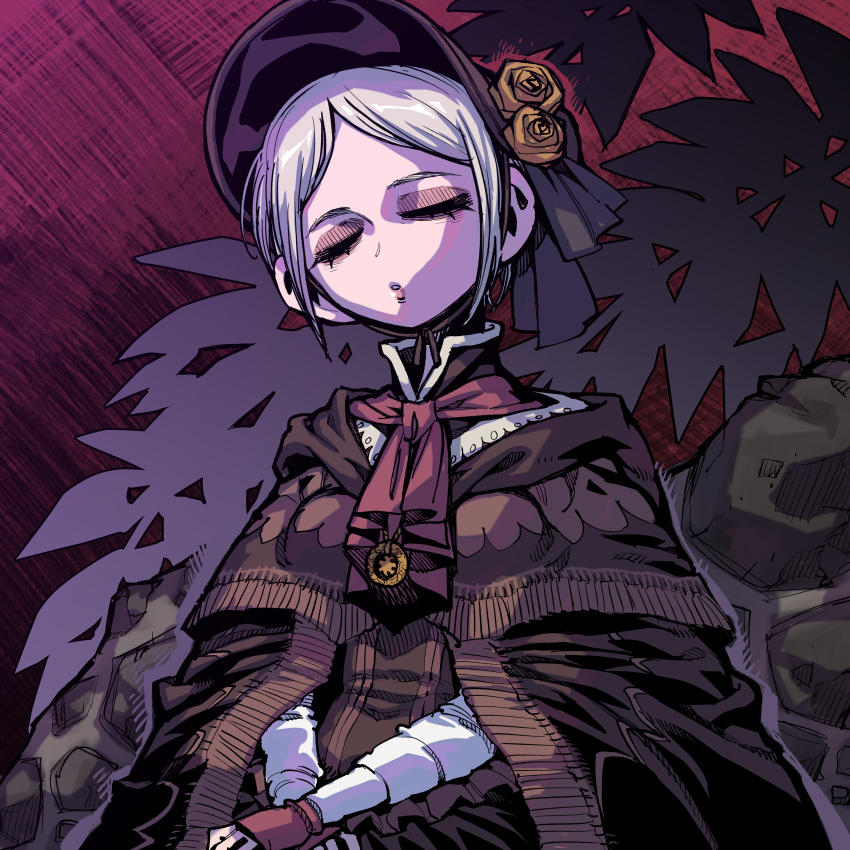 1girl, :o, absurdres, ascot, bloodborne, bodice, bonnet, brown_bodice