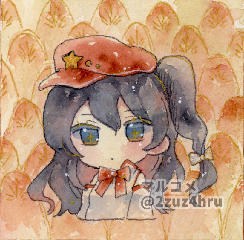 1girl, 2zuz4hru, black_eyes, black_hair, bow, bowtie, chibi, commentary_request