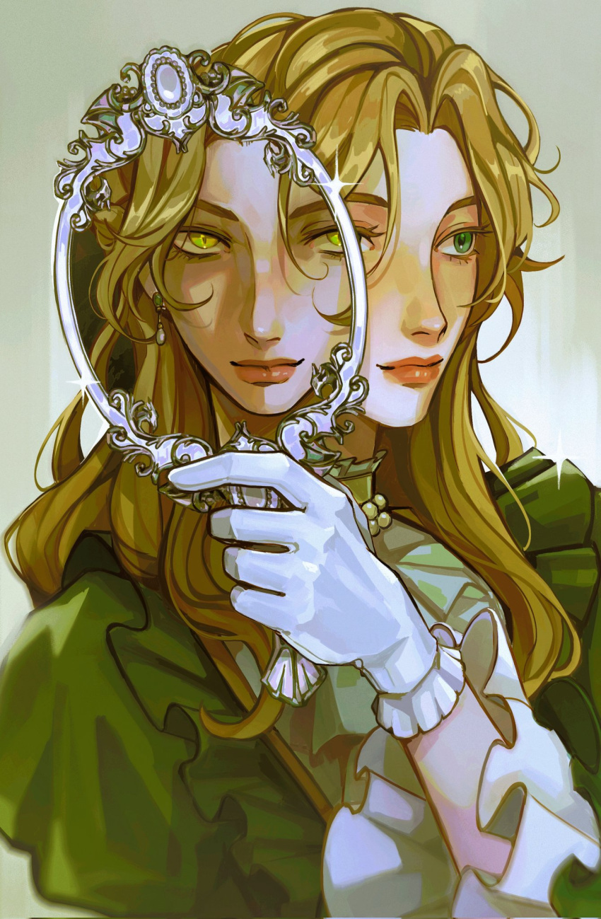 1girl, blonde_hair, character_request, commentary, dress, earrings, gloves, green_dress