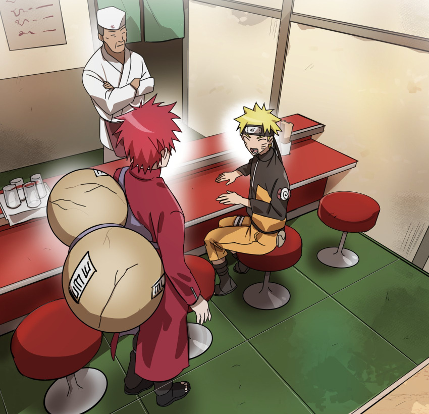 3boys, black_headband, black_pants, black_shoes, black_sleeves, blonde_hair, chef_hat, closed_eyes
