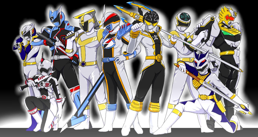 2girls, 6+boys, am-atlas, axe, bouken_silver, dagger, deka_bright, deka_master_(character), denji_sentai_megaranger, female, gao_silver, go-on_silver, gogo_sentai_boukenger, gokai_silver, gosei_knight, gun, hyakujuu_sentai_gaoranger, kaizoku_sentai_gokaiger, male, mega_silver, power_rangers, power_rangers_lightspeed_rescue, silver, staff, super_sentai, sword, titanium_ranger, tokusou_sentai_dekaranger, trident, weapon