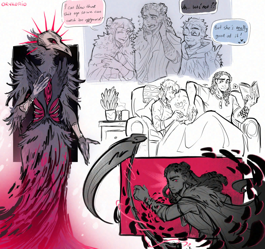 2girls, 3boys, barry_bluejeans, bird_girl, blanket, book, cape, cloak, couch, elf, highres, lup_(the_adventure_zone), monster, multiple_boys, multiple_girls, orykorioart, pointy_ears, raven_queen_(the_adventure_zone), ribs, sketch, speech_bubble, taako_(the_adventure_zone), taz_kravitz_(the_adventure_zone), the_adventure_zone