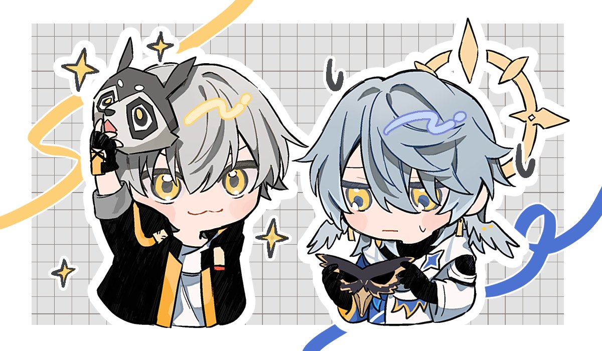 2boys, :3, arm_up, black_coat, black_gloves, black_shirt, blue_jacket, blue_pupils