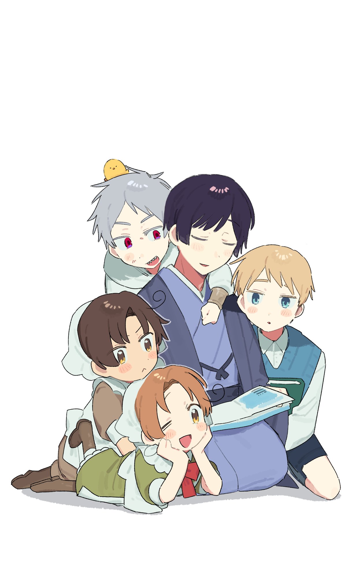 5boys, :<, aged_down, ahoge, apron, arm_around_neck, axis_powers_hetalia, b_b_8681