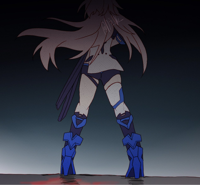 1girl, blue_boots, boots, commentary_request, from_behind, h3_hk, high_heel_boots, high_heels