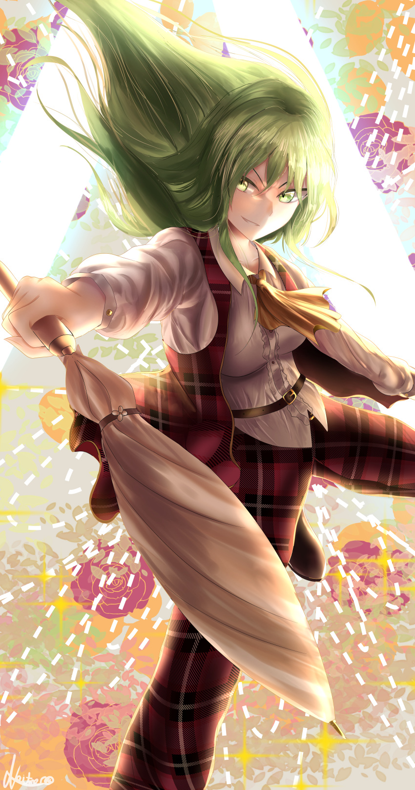 1girl, absurdres, ascot, belt, breasts, closed_umbrella, commentary, danmaku