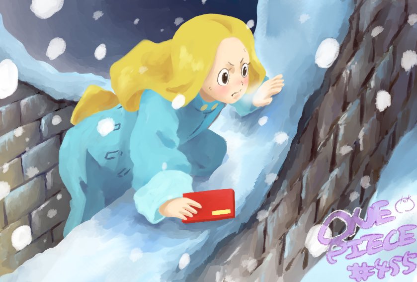 1girl, blue_jumpsuit, blush, closed_mouth, cold, commentary_request, copyright_name, from_above, heavy_breathing, jumpsuit, looking_ahead, one_piece, outdoors, snow, snowing, solo, soran_(one_piece), tatman