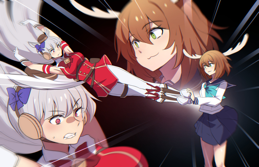 2girls, :3, absurdres, afterimage, animal_ears, antlers, arms_up, blue_sailor_collar, blue_skirt, boots, breasts, brown_hair, clenched_teeth, closed_mouth, commentary, crossover, deer_antlers, deer_girl, dress, dropkick, emphasis_lines, flying_kick, gloves, gold_ship_(red_strife)_(umamusume), gold_ship_(umamusume), green_eyes, grey_hair, highres, hinghoi, horns, horse_ears, horse_girl, horse_tail, kicking, large_breasts, long_hair, long_sleeves, looking_at_another, medium_breasts, medium_hair, multiple_girls, neckerchief, official_alternate_costume, pantyhose, pillbox_hat, pink_eyes, red_dress, sailor_collar, school_uniform, shikanoko_noko, shikanoko_nokonoko_koshitantan, shirt, skirt, sleeveless, sleeveless_dress, tail, teeth, umamusume, v-shaped_eyebrows, very_long_hair, white_boots, white_gloves, white_shirt