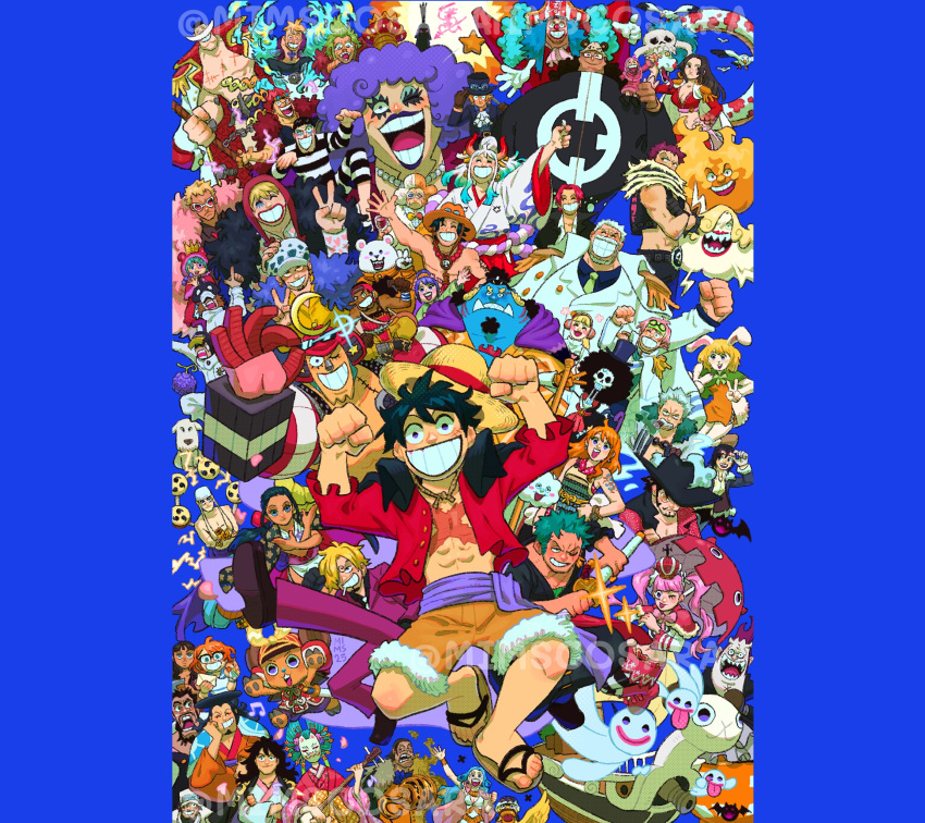 6+boys, 6+girls, afro, aqua_hair, arm_tattoo, arm_up, ascot, bartholomew_kuma